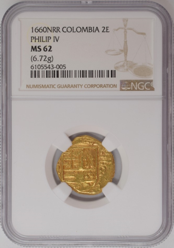 1660-NRR Colombia 2 Escudos - Felipe IV - NGC MS62 (Top Pop!)