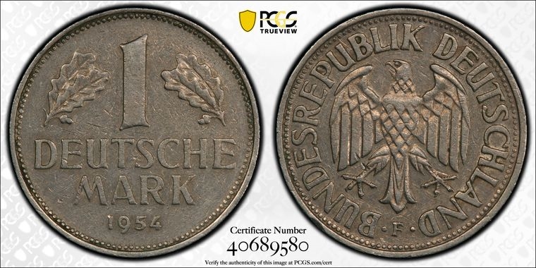 1954-F Germany 1 Deutsche Mark - Federal Republic - PCGS AU50