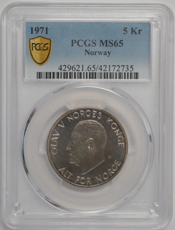 1971 Norway 5 Kroner - Olav V (Type1) - PCGS MS65 (Top Pop!)