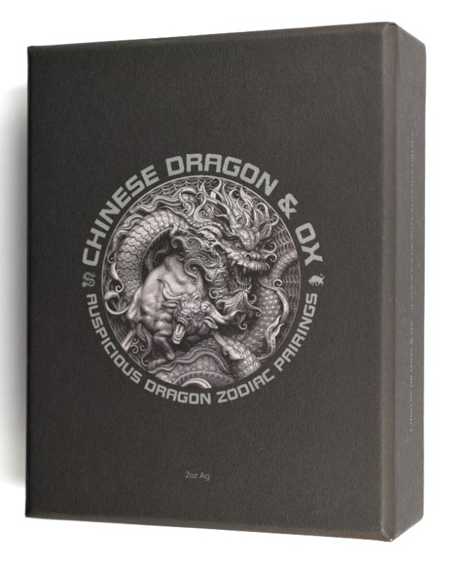 壬戌 2021 2 oz Tokelau Chinese Dragon & Ox Silver Coin Antiqued