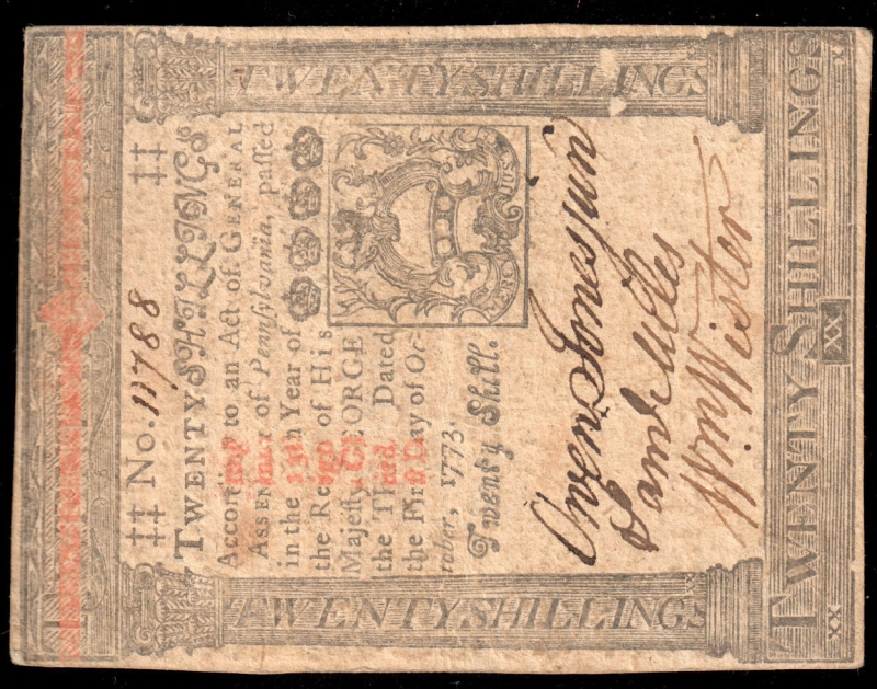 October 1,1773 20s Twenty Shillings Pennsylvania Colonial Currency PA