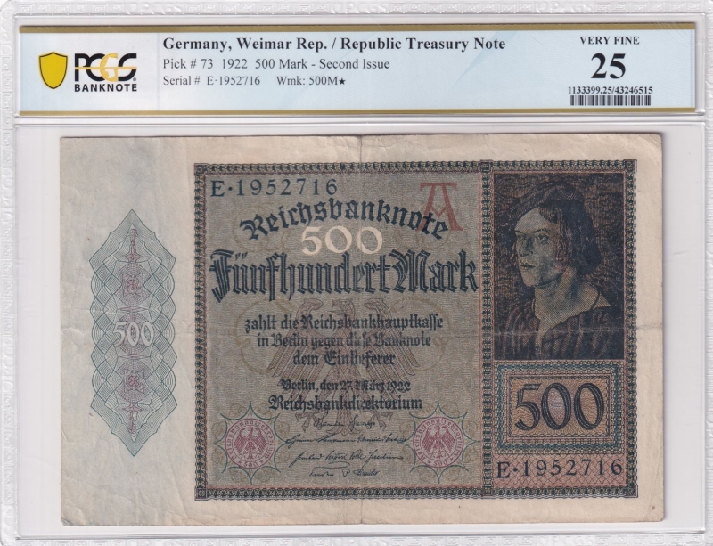 1922 Germany 500 Mark - Reichsbanknote - PCGS VF25