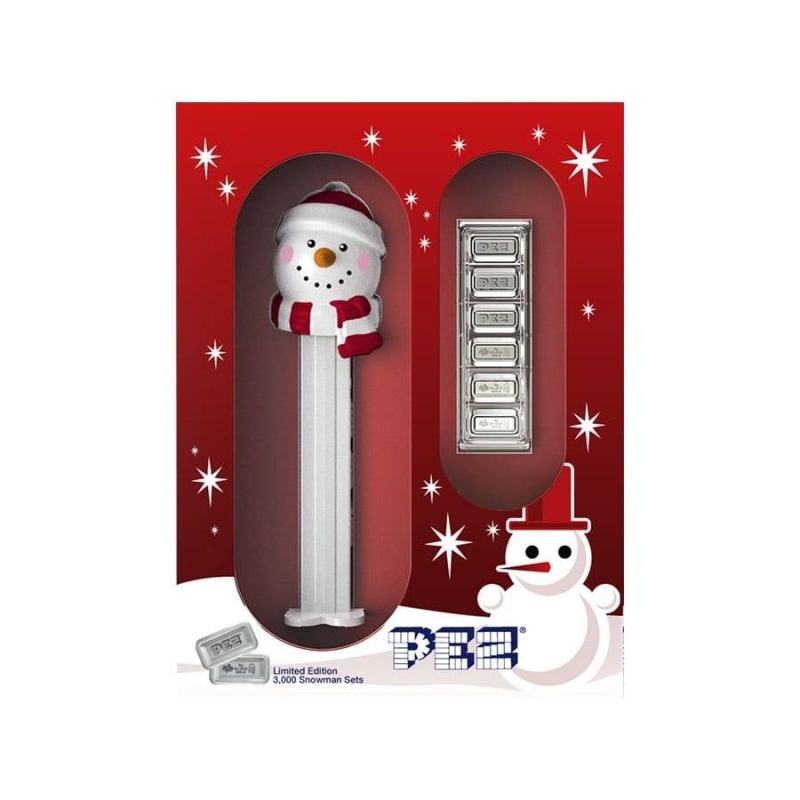 Silver PEZ Gift set w/ Silver PEZ waffers and Snowman dispenser