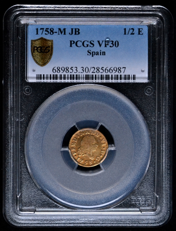 1758M JB 1/2 E Spain Gold Coin PCGS VF 30