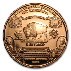 1 oz Copper Round - $10 Bison Note