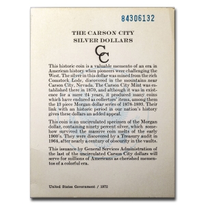 1884 GSA COA - The Carson City Morgan Silver Dollars