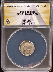 1921-D U.S. 10¢ - Mercury Silver Dime - ANACS VF30 (Details; Bent)