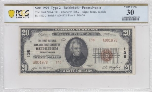 1929 U.S. $20 - National Bank of Bethlehem Pennsylvania - PCGS VF30