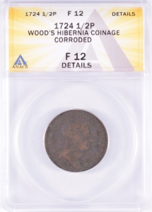1724 Wood's Hibernia 1/2 Penny - George I - ANACS F12 (Details)