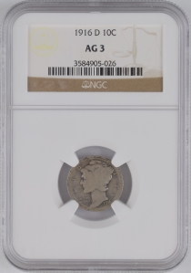1916-D U.S. 10¢ - Mercury Silver Dime - NGC AG3