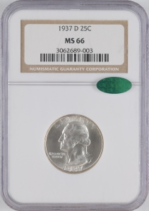 1937-D U.S. 25¢ - Washington Silver Quarter Dollar - NGC MS66 (CAC)