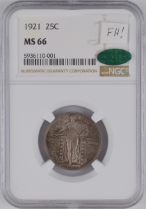 1921 U.S. 25¢ - Standing Liberty Silver Quarter - NGC MS66 (Green CAC; Toned)