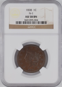 1838 U.S. 1¢ - Liberty Matron Head Large Cent - NGC AU58BN (N-1)