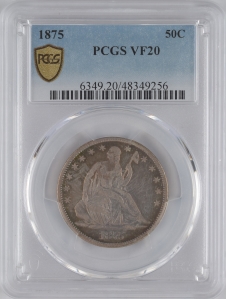 1875 U.S. 50¢ - Seated Liberty Silver Half Dollar - PCGS VF20