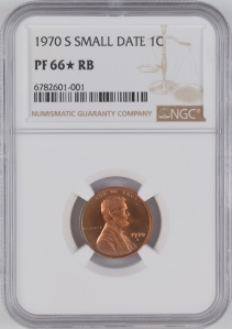 1970-S U.S. 1¢ - Lincoln Memorial Cent - NGC PF66*RB (Small Date)