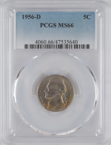 1956-D U.S. 5¢ - Jefferson Nickel - PCGS MS66 (Nice Toning!)