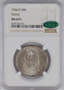 1936-D U.S. 50¢ - Texas Independence Centennial Half Dollar - NGC MS67+ (CAC)