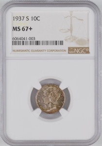 1937-S U.S. 10¢ - Mercury Silver Dime - NGC MS67+