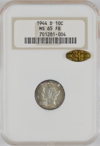 1944-D U.S. 10¢ - Mercury Silver Dime - NGC MS65FB (Gold CAC)