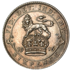 1916 Great Britain 6 Pence - George V (1st Issue; Silver)