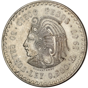 1947-Mo Mexico 5 Pesos - Aztec Chief Cuauhtemoc (Silver)
