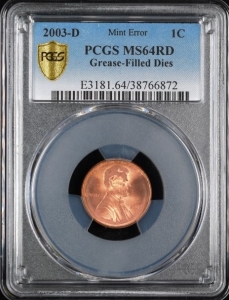 2003-D U.S. 1¢ - Lincoln Memorial Cent - PCGS MS64RD (Grease-Filled Dies)