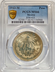 1943-Mo Mexico 1 Peso - PCGS MS66 (Silver)