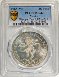 1968-Mo Mexico 25 Pesos - Olympic Games - PCGS MS66 (Type 1; Silver)
