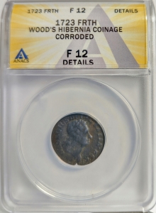 1723 Wood's Hibernia Farthing - George I - ANACS F12 (Details)